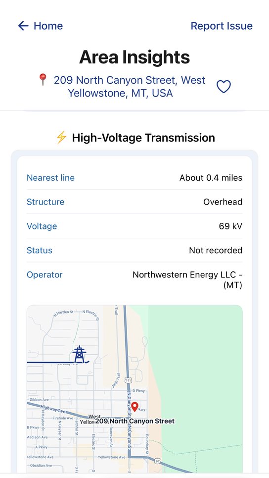 HomeChata report section showing the nearest high-voltage transmission line, its structure, voltage, status and operator, with a map of the line relative to the address.